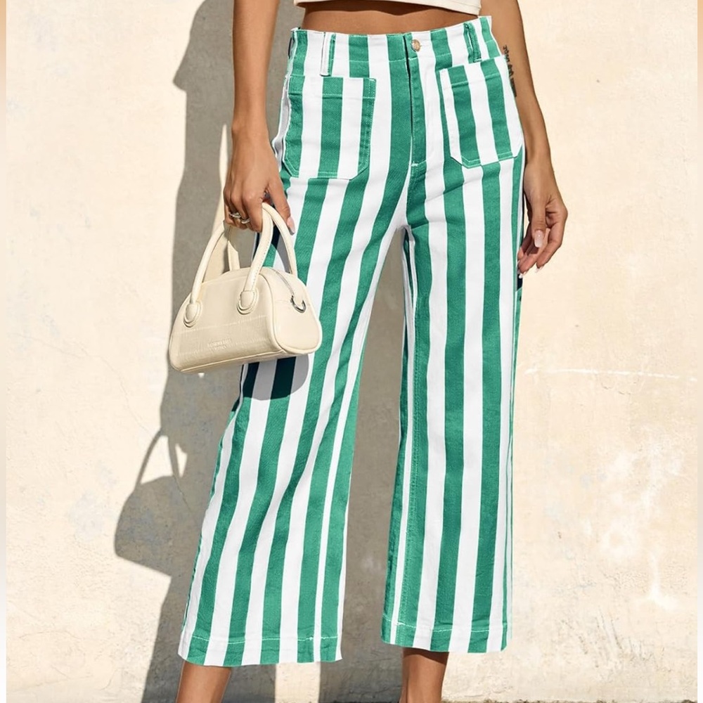 High-Rise Green and White Striped Wide Leg Pants NWT